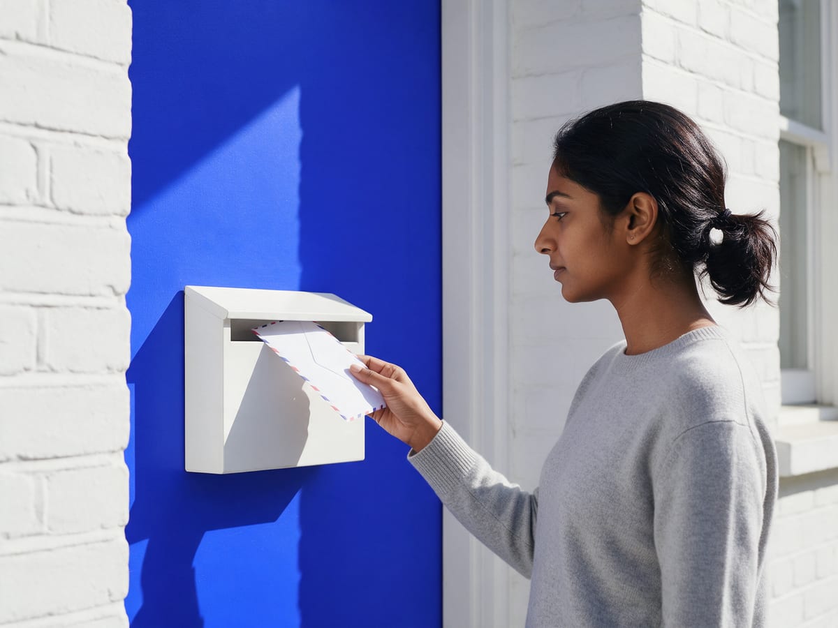 A person lifting a letter out of a white wall mailbox beside a cobalt-blue front door