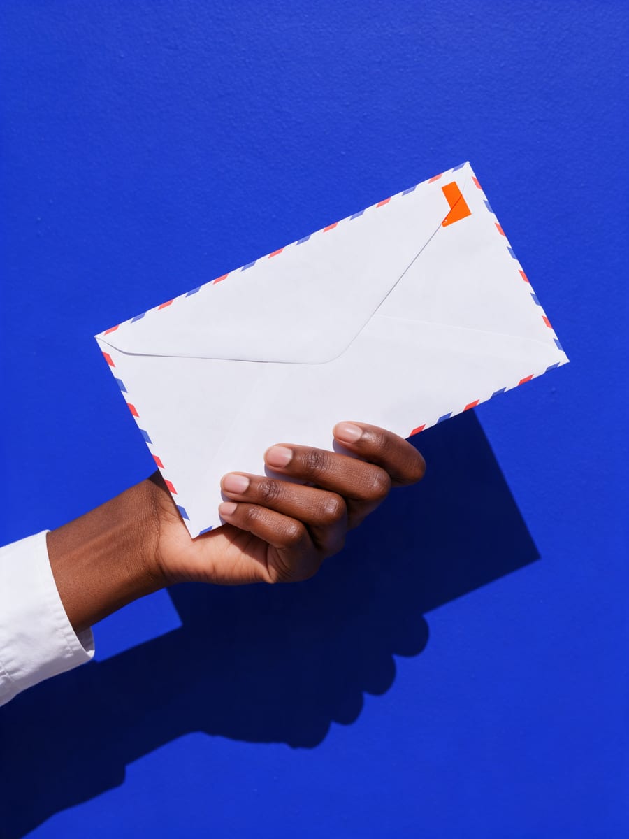 A hand holds up a white airmail-bordered envelope with a small orange tracking sticker against a cobalt wall in hard sunlight.
