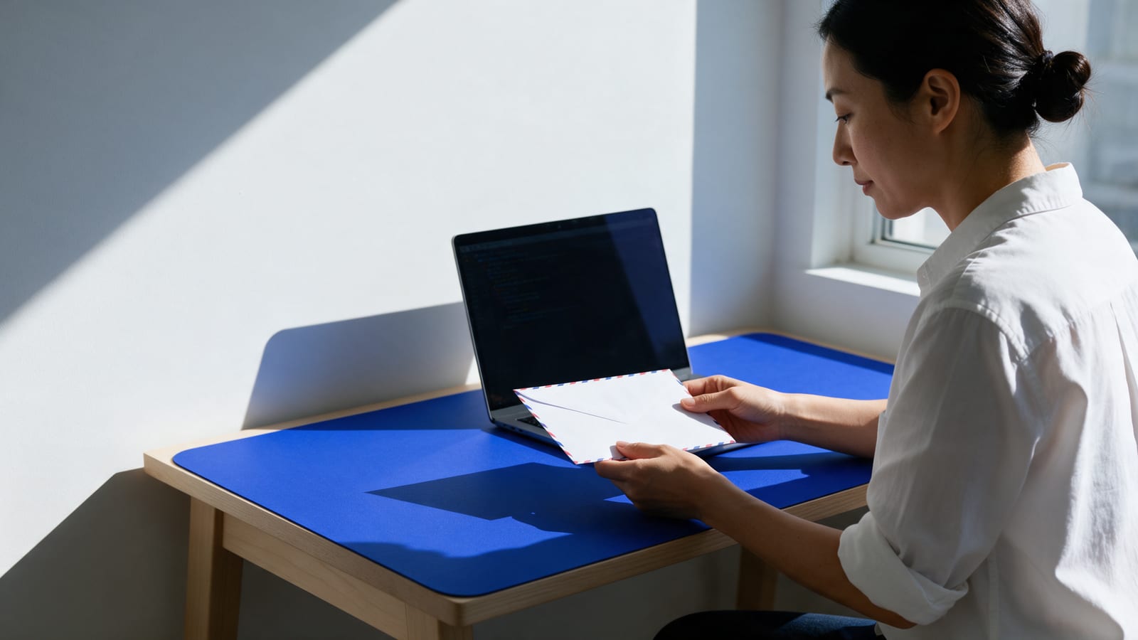 A woman at a sunlit desk holds a white airmail-bordered envelope over a cobalt desk mat, beside a laptop showing a terminal.